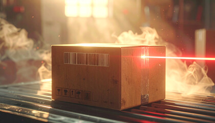 Barcode Laser Scan: An industrial scene unfolds as a laser beam scans a barcode on a cardboard box, symbolizing technology's integration into modern logistics and delivery systems.