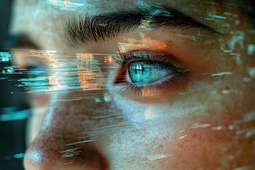 Generative AI glitch art composition of male female face merged with digital code and futuristic visual interference effect