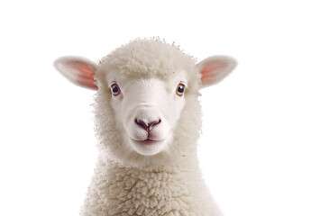 Fototapeta premium Cute sheep with fluffy white wool and bright eyes, isolated on white background, exuding charming and friendly expression