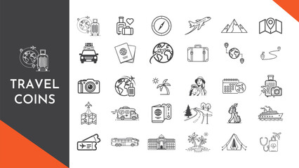 Destination journey vacation collection. Globe, compass, suitcase, adventure line icons. Traveling outline elements set.
