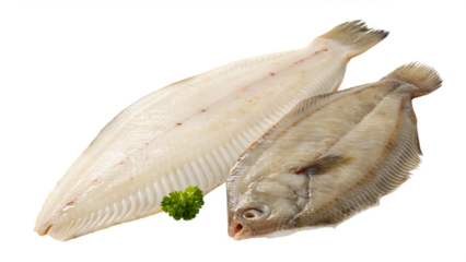 Halibut Dover sole premium flatfish cut out isolated on white background PNG. AI GENERATED.