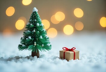 Obraz premium Cheerful Winter Holiday Composition with Mini Tree, Snowy Surface, and Soft Golden Bokeh Lights