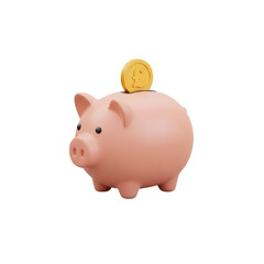 3d icon of pink piggy bank with a british pound coin falling into it, isolated on transparent background