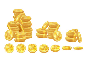 Realistic golden coins pile. Stacks of gold money, cash or treasure. Bank and finance. Investment, profit or gain. Copy space. Vector