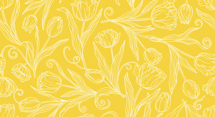 Seamless pattern of outlined tulips with leaves and swirls on a yellow background.