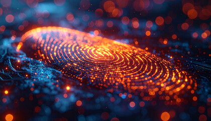 Digital Fingerprint: An illuminated digital fingerprint, its intricate patterns aglow with data, signifies identity and the cutting-edge of technological security.