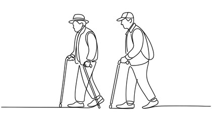 Elegant continuous line drawing of two elderly people walking with canes showing age and movement
