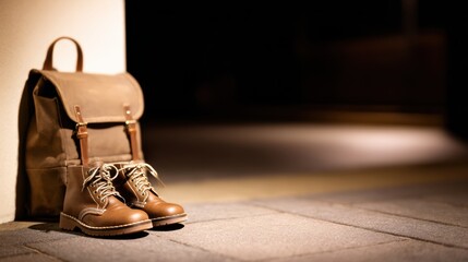 A pair of stylish brown leather boots next to a backpack, captured in a dimly lit urban environment