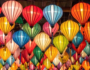 Naklejka premium Vibrant Multicolored Lanterns Display with Warm Lighting and Intricate Details in a Festive Atmosphere Decoration