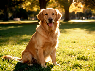 A beautiful Golden Retriever dog sits attentively on a grassy lawn in a park with its tongue out backlit by warm afternoon sunlight perfect for illustrating happiness and the outdoors.