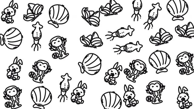 Seamless Pattern with Cartoon Animals and Nature Elements, Graphic Illustration, Minimalistic Black and White Design, Top-Down View