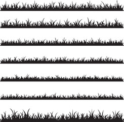 Seven black grass silhouette borders on white background
