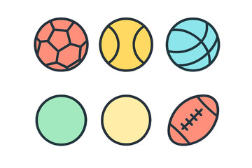 Colorful outline icons of athletic game balls including soccer, tennis, basketball, and American football