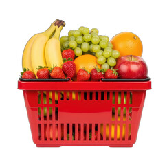 Red shopping basket filled with fresh fruit including bananas grapes oranges strawberries and apple icon 2025-2026 transparent isolated on white background png 4k full hd download