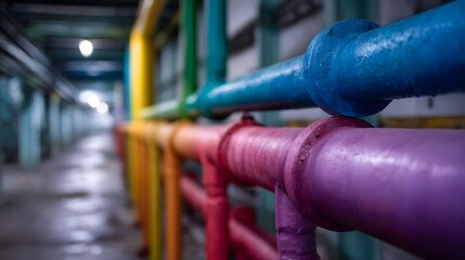 Vibrant color coded industrial pipes run down a long dimly lit corridor in a factory or utility tunnel