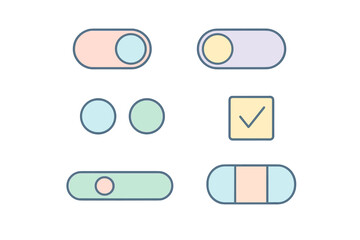 Modern UI kit with toggle switches, selection buttons, and checkbox icons for digital applications