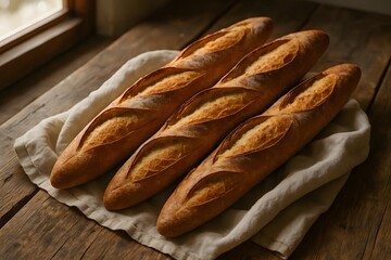Artisan baguettes displayed in warm natural light. Perfect for food photography, bakery promotion, and culinary advertising.