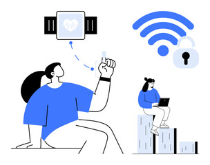 Woman interacting with wearable tech smartwatch alongside wireless and lock imagery. Smaller figure with laptop atop blocks. Ideal for technology, health tracking, connectivity, security, remote