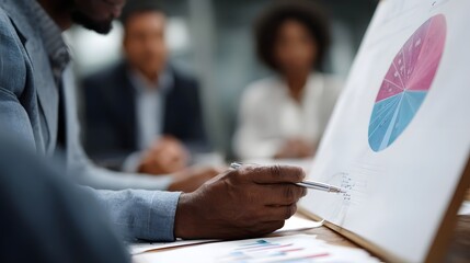 A professional team discusses a pie chart during a business meeting analyzing data and planning strategy