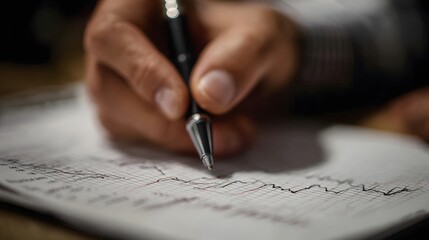 Close up of a hand using a pen to write notes on a document featuring financial graphs and data charts