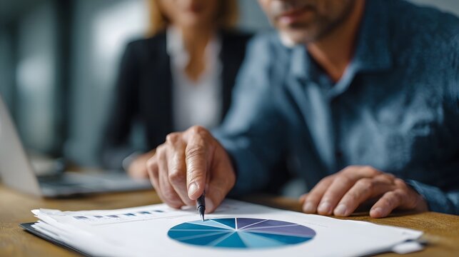 Professionals collaborating in an office analyzing a pie chart and data from a document during a business meeting