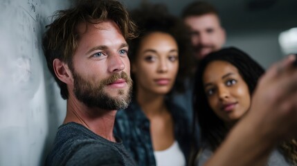 A diverse group of colleagues collaborates and strategizes together in a modern office setting looking at a digital device