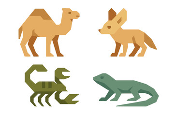Obraz premium Geometric flat design desert animals: camel, fennec fox, scorpion, and lizard