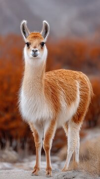 Portrait of a Guanaco Standing in a Dry Autumn Landscape with Warm Hues and Soft Natural Lighting