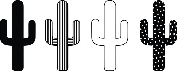 Cactus silhouette illustration set with decorative patterns, desert plant icon collection, southwestern nature design elements, cad drawing flat vector illustration