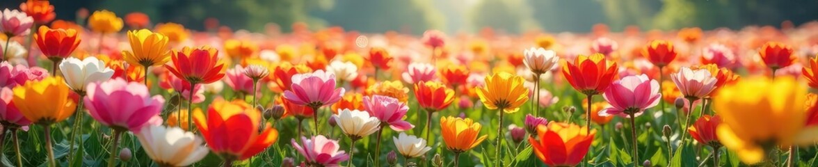 Obraz premium A vibrant field of flowers bursting into full bloom, representing the concept of recognition blooming; a metaphorical image of potential blossoming and growth , awakening, development, success