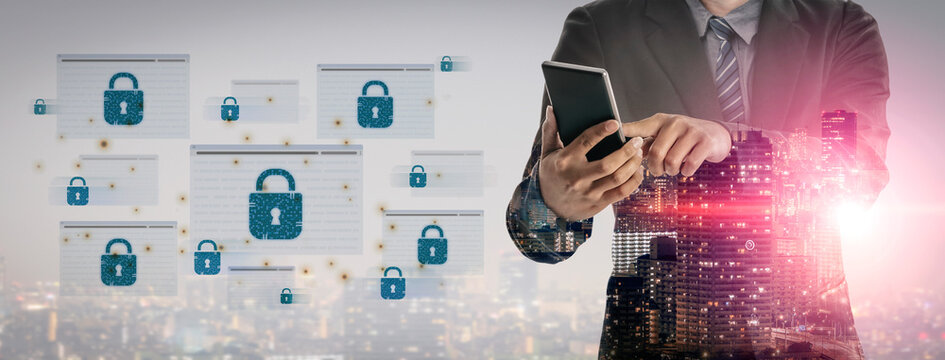 Concept of cybersecurity and a secure network. Multiple layers of data encryption and firewall protection in browsers ensure online privacy and safety from cyber threats. Fermion