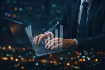 Business meeting with laptop and graph showing success growth data and analytics in a modern environment