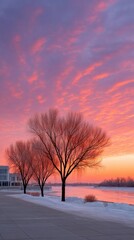 Dramatic Orange Sky Over Snowy Riverbank Lined With Trees and Modern Buildings At Sunset