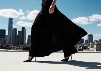 Fashion Shoot of a Stylish Woman Walking on Rooftop in Urban Cityscape Wearing Black Wide-Leg Pants and Heels