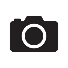 Minimalist monochrome silhouette of a digital camera with a circular lens representing photography and visual media vector