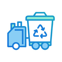 Blue recycle truck icon hauling a bin with a recycle symbol, clean background