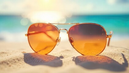 Stylish summer sunglasses reflecting vibrant sunlight on a beach, perfect for travel, vacation, and summer fashion The shades offer UV protection and a chic look , summer, summertime fun