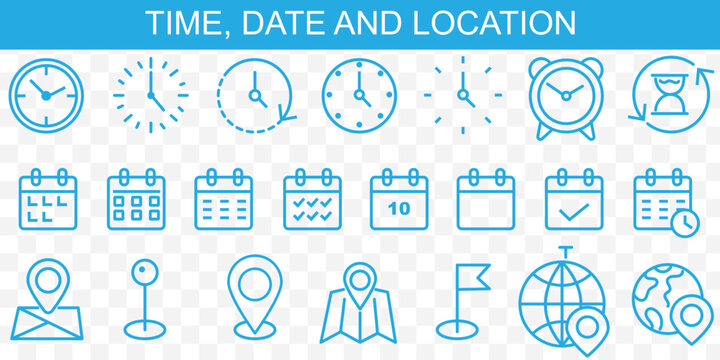 Time date address icon set collection vector illustration. Event icons vector. Location, Calendar & clock icon. Clock, pin map location, and calendar signs set. Business schedule icons clock calendar.