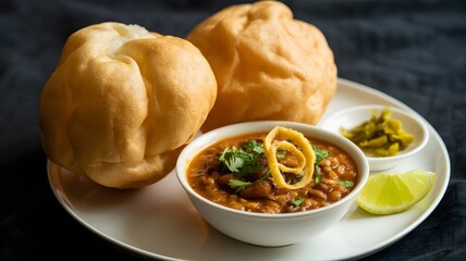 Puffy Bhature and Rich Chole Close-Up Indian street food Misal Pav with moth beans curry, bread, lemon
