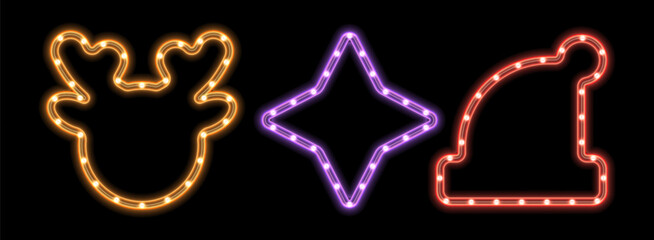 LED strip light frame set. Christmas element reindeer, star, santa hat decorative ring tape lamp sign. Glowing LED neon flex colorful border for marketing promotions, cards, invitations, banners, tags
