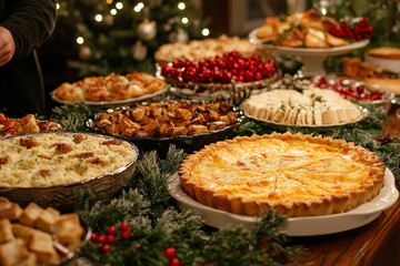 Generative AI Image of a Christmas and New Year Celebration Festive Table with Various Holiday Treats and Drinks