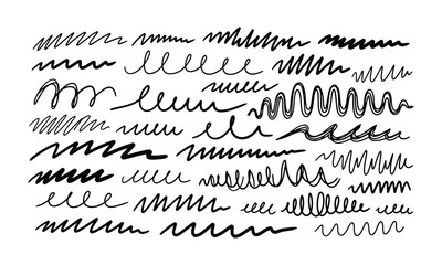 Assortment of Hand Drawn Scribble Lines and Wavy Strokes on White Background curve