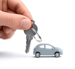 Hand holding car keys over a miniature gray vehicle against a white background
