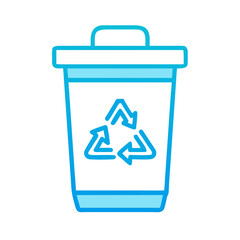 Minimalist blue recycle bin icon with recycling symbol over a black background.