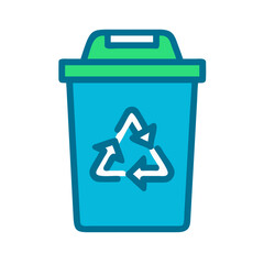 Recycling bin icon with white recycle symbol on blue background and green lid