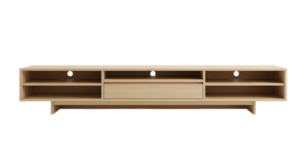 Minimal wooden TV console with open shelves and central drawer isolated on transparent background — suitable for modern furniture mockups and home decor visuals.