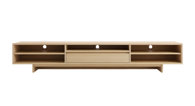 Minimal wooden TV console with open shelves and central drawer isolated on transparent background — suitable for modern furniture mockups and home decor visuals.