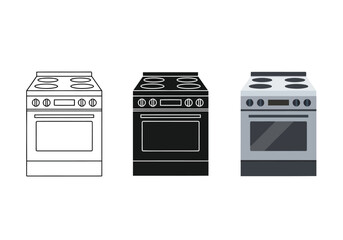 Stove Oven Vector Set in Three Styles &mdash; Line Art, Silhouette and Color Version for Kitchen Appliances and Culinary Concepts