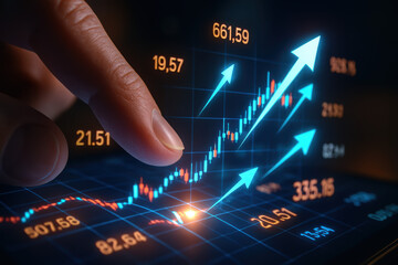 Glowing arrow and financial number investment growth and business success powered by technology