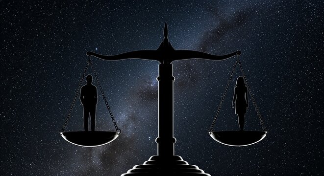Silhouette of a man and woman on balanced scales of justice against a starry night sky, symbolizing gender equality.